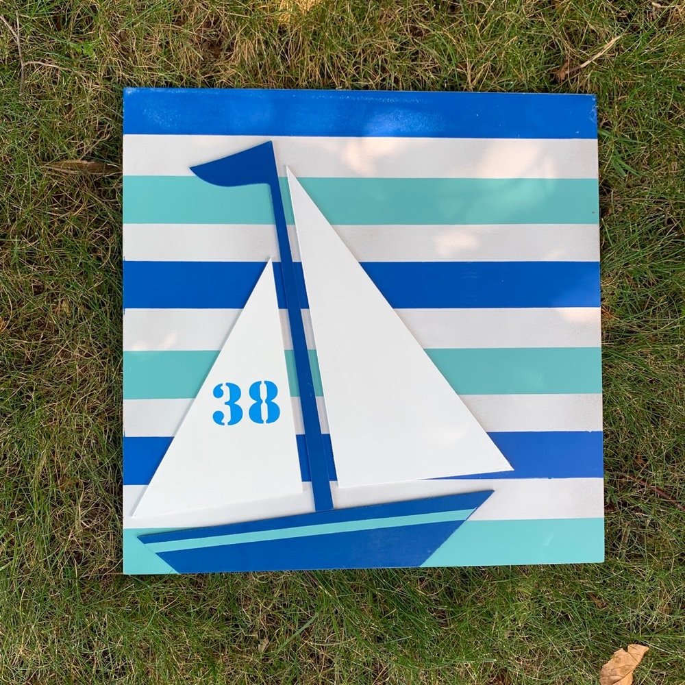 Blue and white sailboat wall sign! 16x16